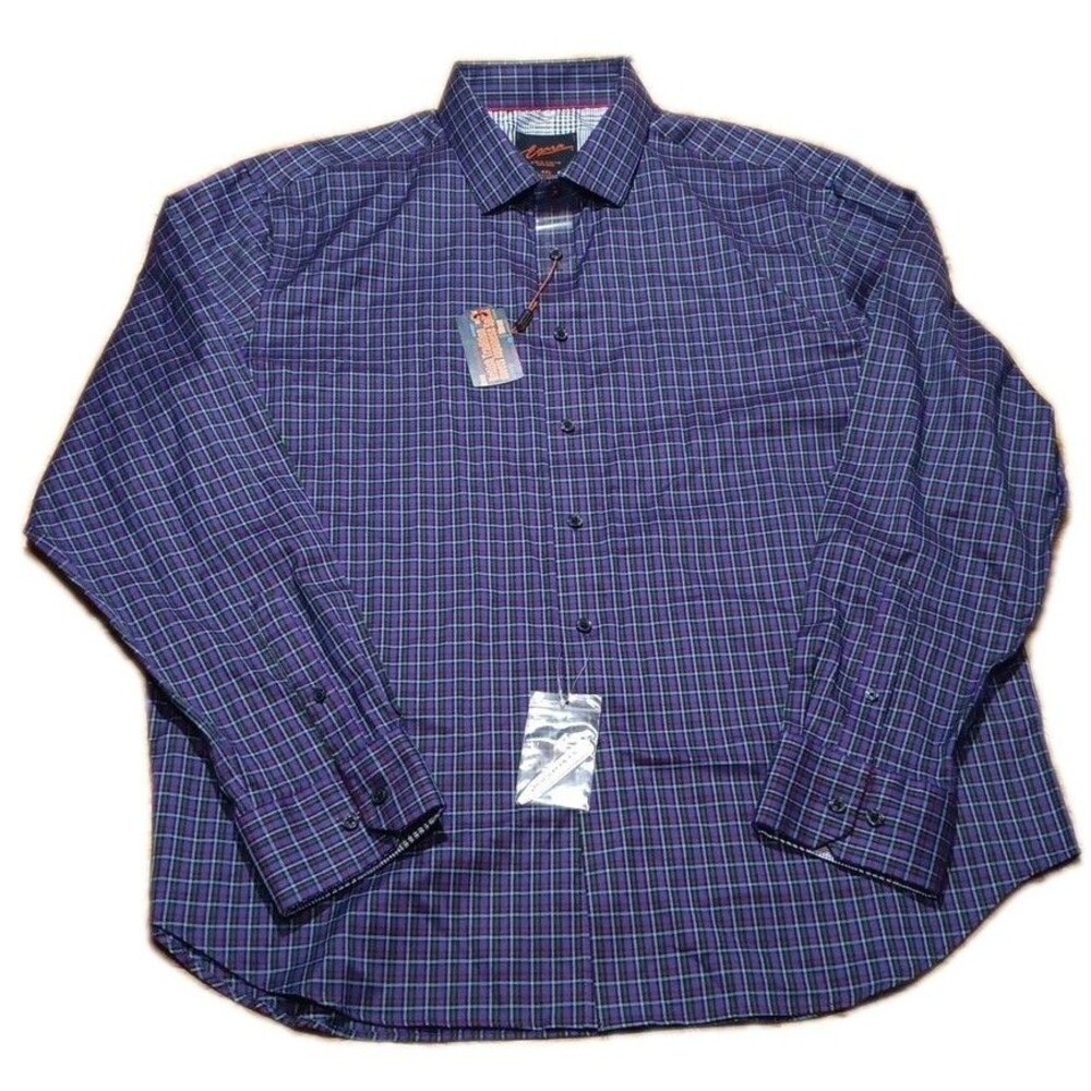 Egara Men's Slim Fit Stretch Blue Plaid Dress Shirt w/ Contrast Cuffs 2XL NWT